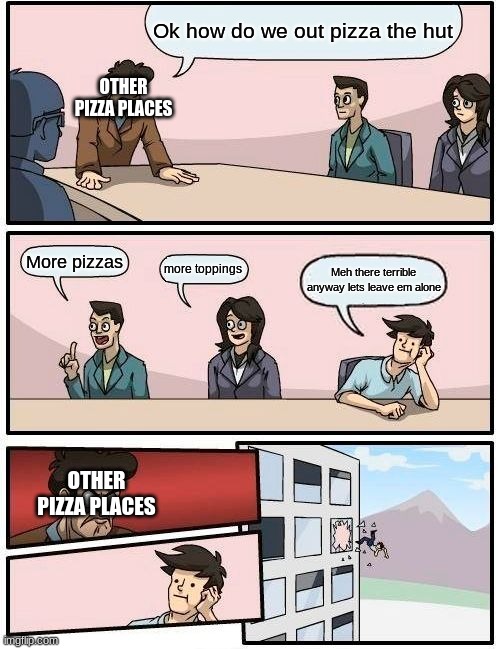 Boardroom meeting | Ok how do we out pizza the hut; OTHER PIZZA PLACES; More pizzas; more toppings; Meh there terrible anyway lets leave em alone; OTHER PIZZA PLACES | image tagged in memes,boardroom meeting suggestion | made w/ Imgflip meme maker