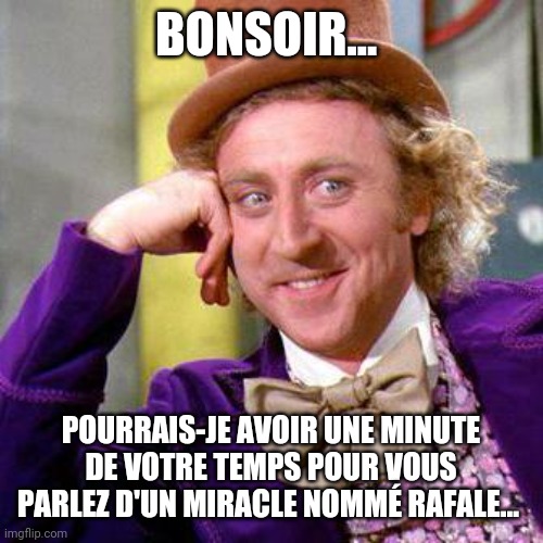 Willy Wonka Blank | BONSOIR... POURRAIS-JE AVOIR UNE MINUTE DE VOTRE TEMPS POUR VOUS PARLEZ D'UN MIRACLE NOMMÉ RAFALE... | image tagged in willy wonka blank | made w/ Imgflip meme maker