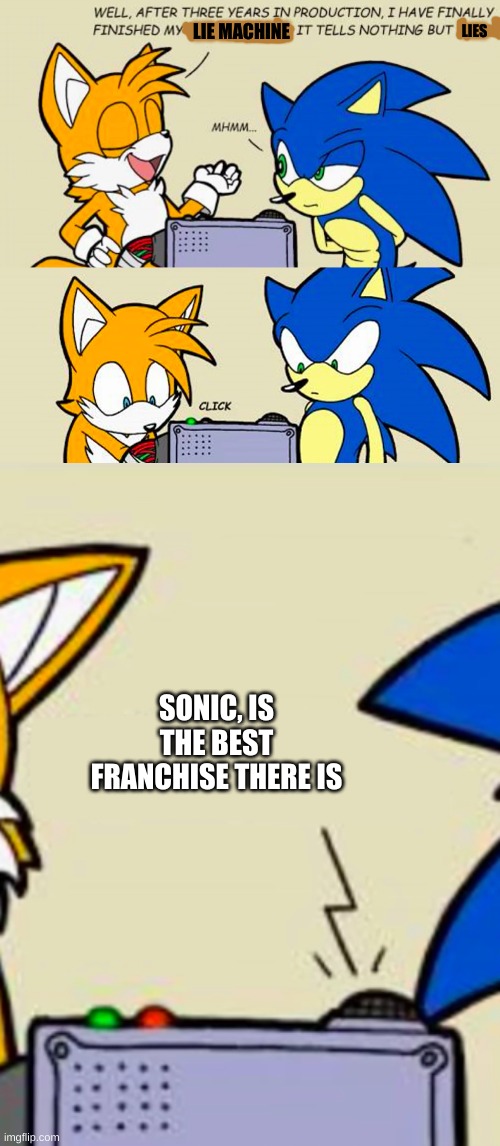 the lie machine | LIE MACHINE; LIES; SONIC, IS THE BEST FRANCHISE THERE IS | image tagged in tails' facto-matic,gaming | made w/ Imgflip meme maker