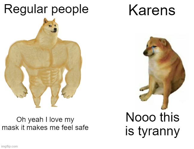 Buff Doge vs. Cheems | Regular people; Karens; Oh yeah I love my mask it makes me feel safe; Nooo this is tyranny | image tagged in memes,buff doge vs cheems | made w/ Imgflip meme maker