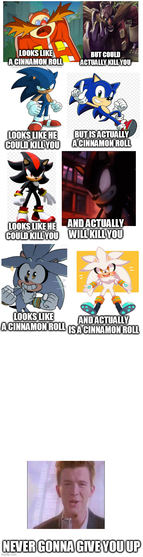 Nothing creative | BUT COULD ACTUALLY KILL YOU; LOOKS LIKE A CINNAMON ROLL; LOOKS LIKE HE COULD KILL YOU; BUT IS ACTUALLY A CINNAMON ROLL; AND ACTUALLY WILL KILL YOU; LOOKS LIKE HE COULD KILL YOU; LOOKS LIKE A CINNAMON ROLL; AND ACTUALLY IS A CINNAMON ROLL; NEVER GONNA GIVE YOU UP | image tagged in long blank white,eggman,sonic the hedgehog,shadow the hedgehog,oh wow are you actually reading these tags | made w/ Imgflip meme maker