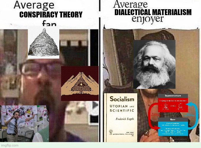 Dialectical Materialism is superior to wild conspiracy theories | DIALECTICAL MATERIALISM; CONSPIRACY THEORY | image tagged in average blank fan vs average blank enjoyer | made w/ Imgflip meme maker