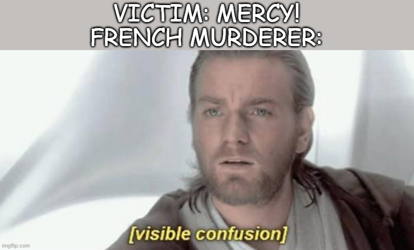 French Meme | VICTIM: MERCY!
FRENCH MURDERER: | image tagged in visible confusion | made w/ Imgflip meme maker