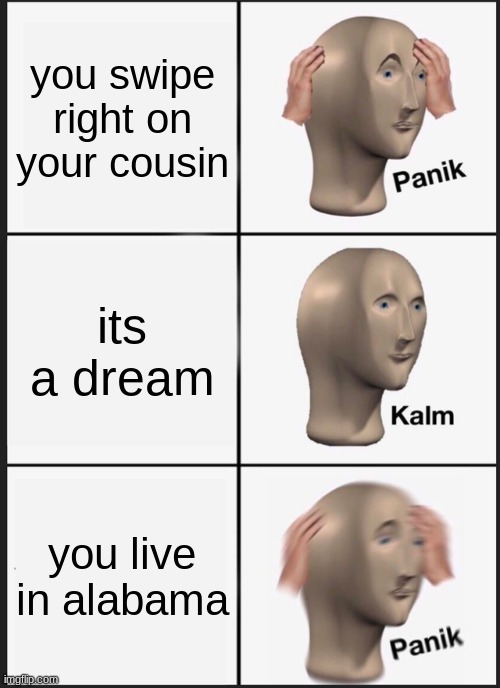 a l a b a m a | you swipe right on your cousin; its a dream; you live in alabama | image tagged in memes,panik kalm panik | made w/ Imgflip meme maker