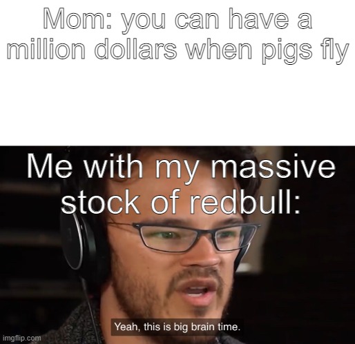 Me rich | Mom: you can have a million dollars when pigs fly; Me with my massive stock of redbull: | image tagged in yeah this is big brain time | made w/ Imgflip meme maker
