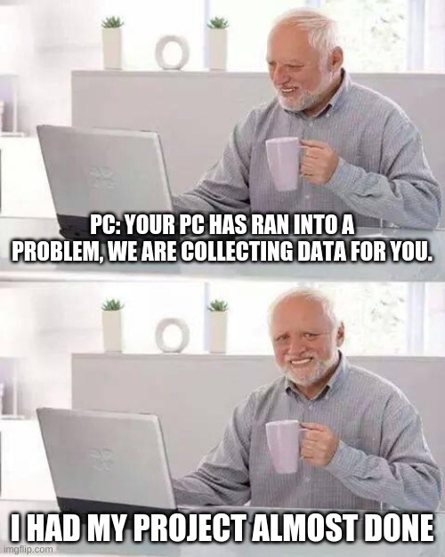 When your PC ran into a problem: | PC: YOUR PC HAS RAN INTO A PROBLEM, WE ARE COLLECTING DATA FOR YOU. I HAD MY PROJECT ALMOST DONE | image tagged in memes,hide the pain harold | made w/ Imgflip meme maker