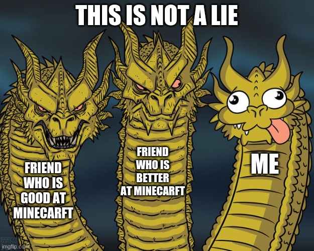 my friends | THIS IS NOT A LIE; FRIEND WHO IS BETTER AT MINECARFT; ME; FRIEND WHO IS GOOD AT MINECARFT | image tagged in three-headed dragon | made w/ Imgflip meme maker