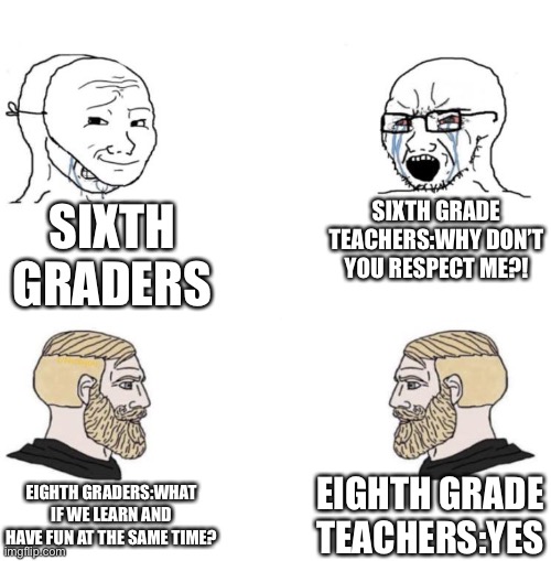 Gotta love eighth grade | SIXTH GRADE TEACHERS:WHY DON’T YOU RESPECT ME?! SIXTH GRADERS; EIGHTH GRADE TEACHERS:YES; EIGHTH GRADERS:WHAT IF WE LEARN AND HAVE FUN AT THE SAME TIME? | image tagged in chad we know | made w/ Imgflip meme maker
