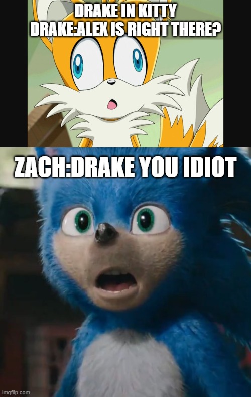 Tails being Drake | DRAKE IN KITTY
DRAKE:ALEX IS RIGHT THERE? ZACH:DRAKE YOU IDIOT | image tagged in sonic- derp tails,sonic movie | made w/ Imgflip meme maker