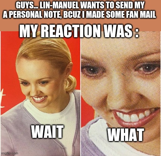 AHHHHHHHHHHHHHHHHHHHHH | GUYS... LIN-MANUEL WANTS TO SEND MY A PERSONAL NOTE, BCUZ I MADE SOME FAN MAIL; MY REACTION WAS :; WAIT; WHAT | image tagged in wait what | made w/ Imgflip meme maker