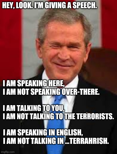 "David Frum Had Projections" And "George W. Bush Gave-Speeches-In-English". | HEY, LOOK. I'M GIVING A SPEECH. I AM SPEAKING HERE,
I AM NOT SPEAKING OVER-THERE. I AM TALKING TO YOU,
I AM NOT TALKING TO THE TERRORISTS. I AM SPEAKING IN ENGLISH,
I AM NOT TALKING IN ...TERRAHRISH. | image tagged in memes,george bush,david frum,projection | made w/ Imgflip meme maker