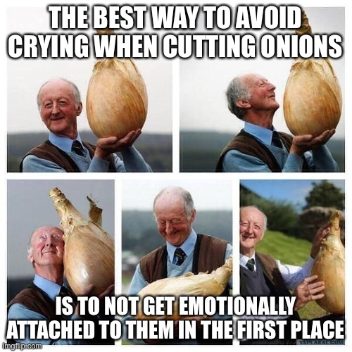 Cutting onions | THE BEST WAY TO AVOID CRYING WHEN CUTTING ONIONS; IS TO NOT GET EMOTIONALLY ATTACHED TO THEM IN THE FIRST PLACE | image tagged in onion meme | made w/ Imgflip meme maker