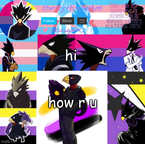 hi; how r u | image tagged in the-goth-chicken's announcement template 31 | made w/ Imgflip meme maker