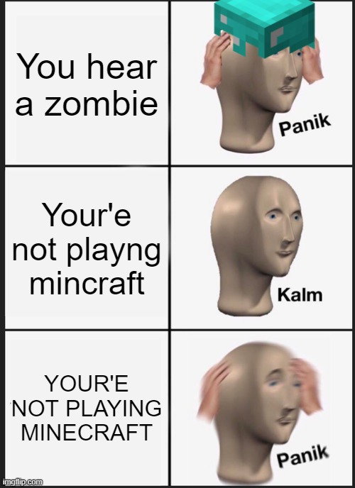 Panik Kalm Panik | You hear a zombie; Your'e not playng mincraft; YOUR'E NOT PLAYING MINECRAFT | image tagged in memes,panik kalm panik | made w/ Imgflip meme maker