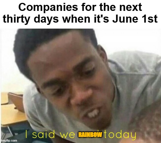 lel | Companies for the next thirty days when it's June 1st; RAINBOW | image tagged in i said we ____ today | made w/ Imgflip meme maker