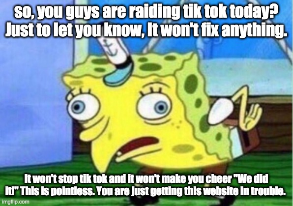 Everyone is doing the Tiktok raid. Don't say I didn't warn you. | so, you guys are raiding tik tok today? Just to let you know, It won't fix anything. It won't stop tik tok and it won't make you cheer "We did it!" This is pointless. You are just getting this website in trouble. | image tagged in memes,mocking spongebob | made w/ Imgflip meme maker