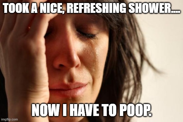 Cleanliness Damage Points. | TOOK A NICE, REFRESHING SHOWER.... NOW I HAVE TO POOP. | image tagged in memes,first world problems | made w/ Imgflip meme maker