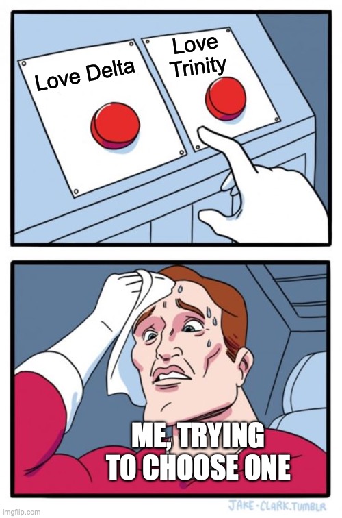 Two Buttons Meme | Love Delta Love Trinity ME, TRYING TO CHOOSE ONE | image tagged in memes,two buttons | made w/ Imgflip meme maker