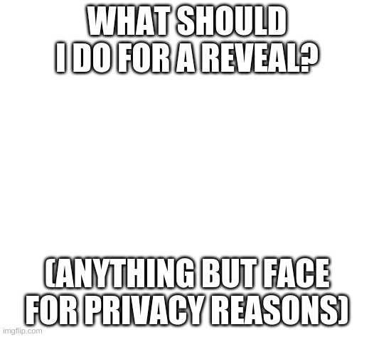 white | WHAT SHOULD I DO FOR A REVEAL? (ANYTHING BUT FACE FOR PRIVACY REASONS) | image tagged in white | made w/ Imgflip meme maker