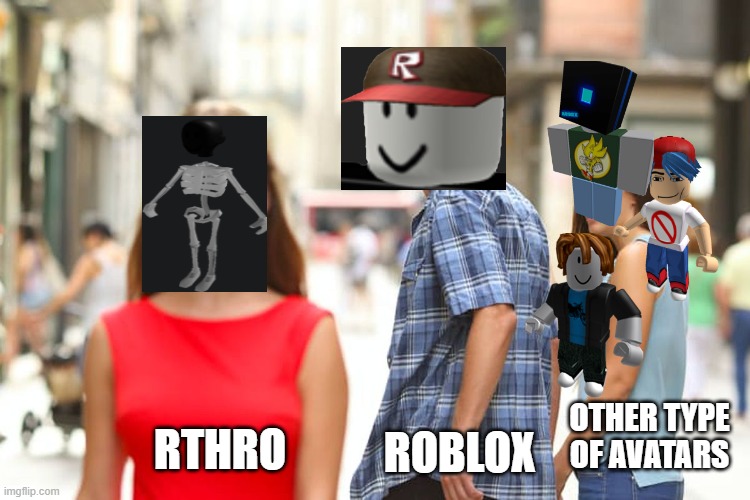 Distracted Boyfriend Meme | OTHER TYPE OF AVATARS; RTHRO; ROBLOX | image tagged in memes,distracted boyfriend,roblox,roblox meme,bacon | made w/ Imgflip meme maker