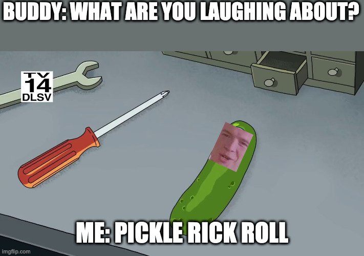 Boom big reveal! | BUDDY: WHAT ARE YOU LAUGHING ABOUT? ME: PICKLE RICK ROLL | image tagged in pickle rick | made w/ Imgflip meme maker