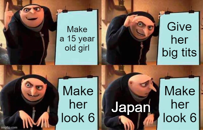 It's time to stop | Make a 15 year old girl; Give her big tits; Make her look 6; Make her look 6; Japan | image tagged in memes,gru's plan,anime,why are you reading this | made w/ Imgflip meme maker