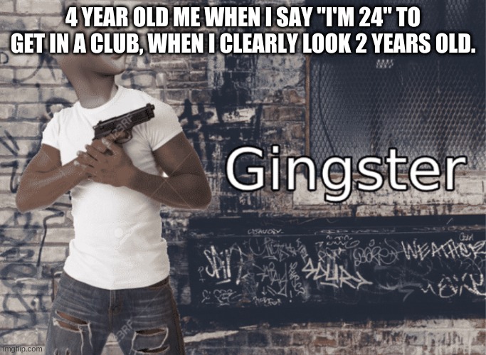 Gingster | 4 YEAR OLD ME WHEN I SAY "I'M 24" TO GET IN A CLUB, WHEN I CLEARLY LOOK 2 YEARS OLD. | image tagged in gingster | made w/ Imgflip meme maker