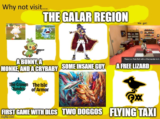 true tho | THE GALAR REGION; A BUNNY, A MONKE, AND A CRYBABY; SOME INSANE GUY; A FREE LIZARD; TWO DOGGOS; FIRST GAME WITH DLCS; FLYING TAXI | image tagged in why not visit | made w/ Imgflip meme maker
