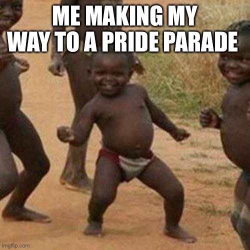 Gotta still wear that mask tho we still in covid | ME MAKING MY WAY TO A PRIDE PARADE | image tagged in memes,third world success kid | made w/ Imgflip meme maker