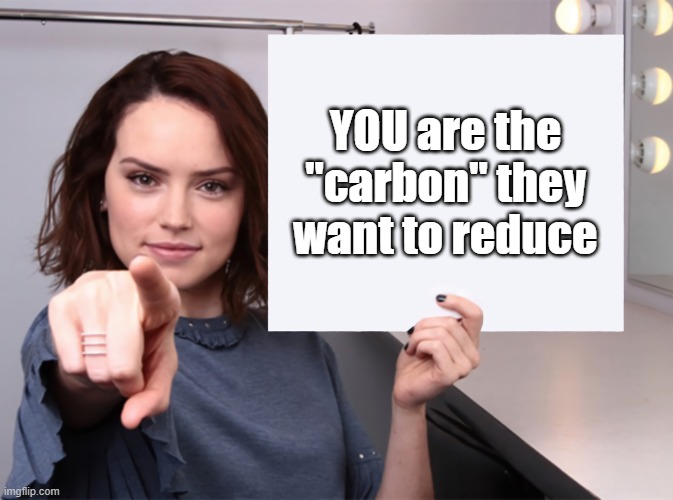 They want you gone | YOU are the "carbon" they want to reduce | image tagged in daisy ridley with a blank sign pointing at you tilt corrected,carbon,politics,envionment,co2 | made w/ Imgflip meme maker