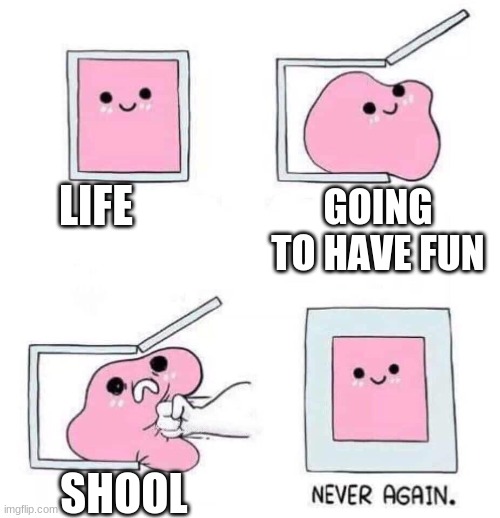 Never again | LIFE; GOING TO HAVE FUN; SHOOL | image tagged in never again | made w/ Imgflip meme maker