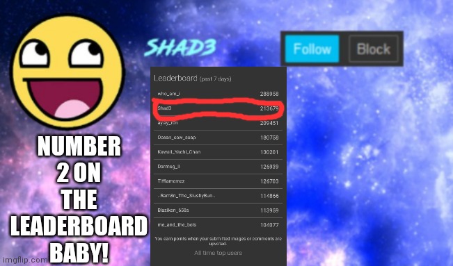 Shad3 announcement template | NUMBER 2 ON THE LEADERBOARD BABY! | image tagged in shad3 announcement template | made w/ Imgflip meme maker