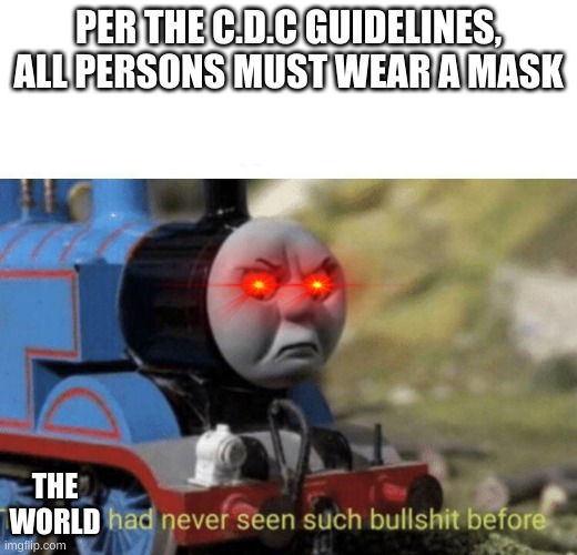 Thomas had never seen such bullshit before | PER THE C.D.C GUIDELINES, ALL PERSONS MUST WEAR A MASK; THE WORLD | image tagged in thomas had never seen such bullshit before | made w/ Imgflip meme maker
