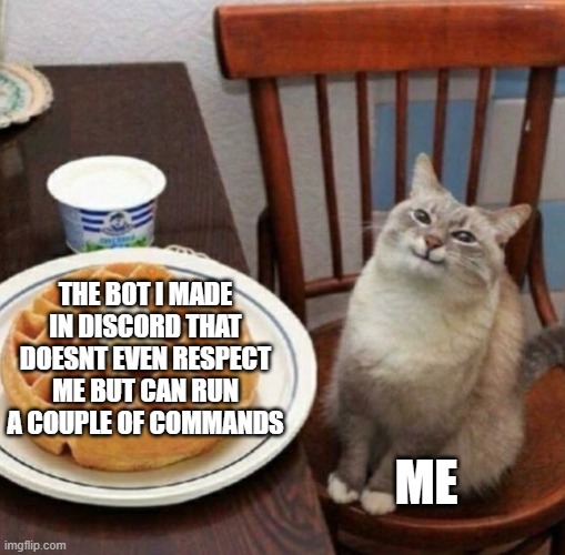 Cat likes their waffle | THE BOT I MADE IN DISCORD THAT DOESNT EVEN RESPECT ME BUT CAN RUN A COUPLE OF COMMANDS ME | image tagged in cat likes their waffle | made w/ Imgflip meme maker