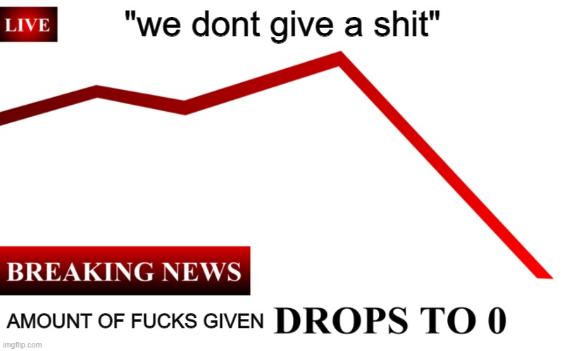 ____ Rate Drops To 0% | "we dont give a shit" AMOUNT OF FUCKS GIVEN | image tagged in ____ rate drops to 0 | made w/ Imgflip meme maker