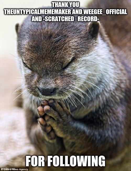 Thank you Lord Otter | THANK YOU THEUNTYPICALMEMEMAKER AND WEEGEE_OFFICIAL AND -SCRATCHED_RECORD-; FOR FOLLOWING | image tagged in thank you lord otter | made w/ Imgflip meme maker