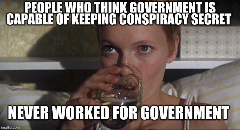 Rosemary | PEOPLE WHO THINK GOVERNMENT IS CAPABLE OF KEEPING CONSPIRACY SECRET NEVER WORKED FOR GOVERNMENT | image tagged in rosemary | made w/ Imgflip meme maker