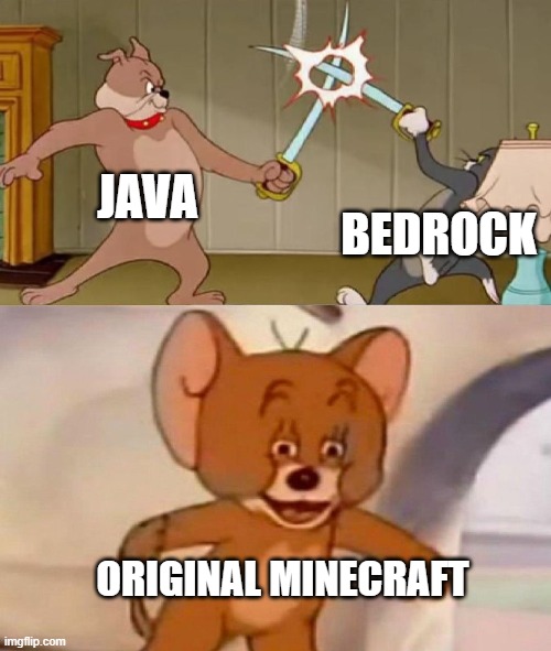 Tom and Jerry swordfight | JAVA; BEDROCK; ORIGINAL MINECRAFT | image tagged in tom and jerry swordfight | made w/ Imgflip meme maker