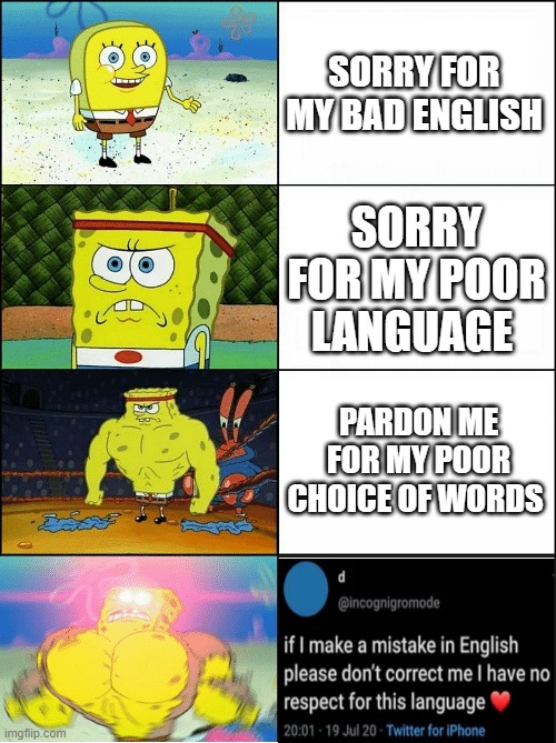 non-native English speaker be like | SORRY FOR MY BAD ENGLISH; SORRY FOR MY POOR LANGUAGE; PARDON ME FOR MY POOR CHOICE OF WORDS | image tagged in sponge finna commit muder | made w/ Imgflip meme maker