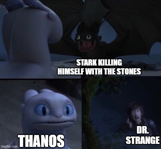 How to train your dragon 3 | STARK KILLING HIMSELF WITH THE STONES; DR. STRANGE; THANOS | image tagged in how to train your dragon 3 | made w/ Imgflip meme maker