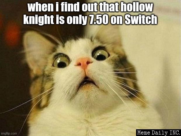 what a steal | when i find out that hollow knight is only 7.50 on Switch | image tagged in memes,scared cat,hollow knight,nintendo switch | made w/ Imgflip meme maker