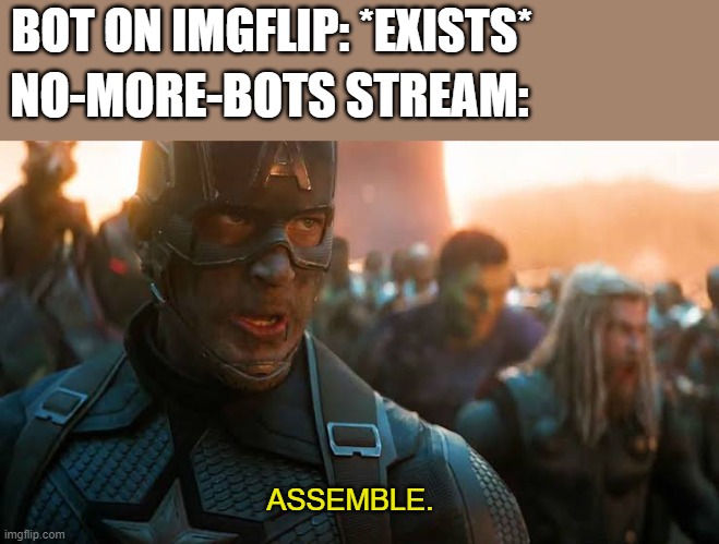 Because that's what the no-more-bots stream does. | BOT ON IMGFLIP: *EXISTS*; NO-MORE-BOTS STREAM:; ASSEMBLE. | image tagged in avengers assemble,memes,avengers endgame,bots,imgflip | made w/ Imgflip meme maker