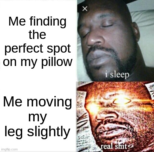 I meant to say Head  HA | Me finding the perfect spot on my pillow; Me moving my leg slightly | image tagged in memes,sleeping shaq | made w/ Imgflip meme maker