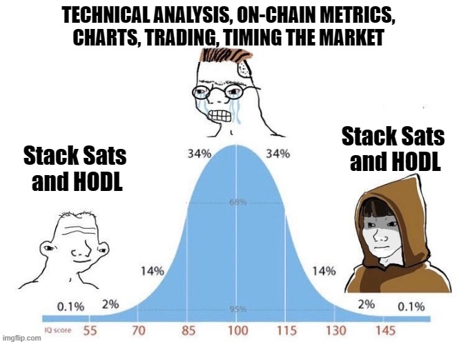 Bitcoin IQ bell curve stack sats and hodl | TECHNICAL ANALYSIS, ON-CHAIN METRICS,
CHARTS, TRADING, TIMING THE MARKET; Stack Sats 
and HODL; Stack Sats 
and HODL | image tagged in midwit,bitcoin,iq bell curve,stack sats,hodl,charts | made w/ Imgflip meme maker