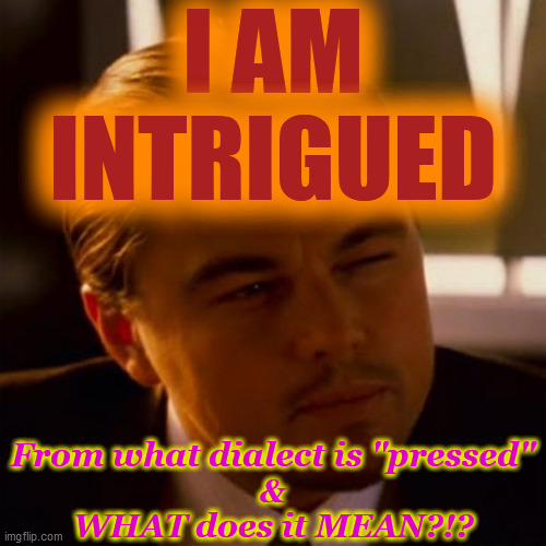 DI Caprio Inception | I AM
INTRIGUED From what dialect is "pressed"
&
WHAT does it MEAN?!? | image tagged in di caprio inception | made w/ Imgflip meme maker