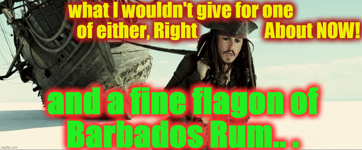 jack sparrow pulling ship | what I wouldn't give for one
                     of either, Right                   About NOW! and a fine flagon of
Barbados Rum.. . | image tagged in jack sparrow pulling ship | made w/ Imgflip meme maker
