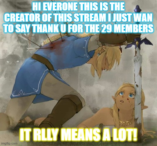 Link and zelda | HI EVERONE THIS IS THE CREATOR OF THIS STREAM I JUST WAN TO SAY THANK U FOR THE 29 MEMBERS; IT RLLY MEANS A LOT! | image tagged in link and zelda | made w/ Imgflip meme maker