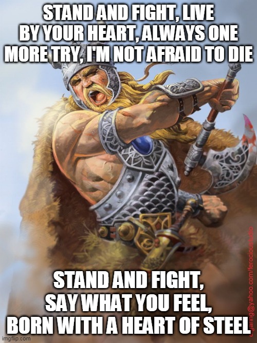 Heart Of Steel | STAND AND FIGHT, LIVE BY YOUR HEART, ALWAYS ONE MORE TRY, I'M NOT AFRAID TO DIE; STAND AND FIGHT, SAY WHAT YOU FEEL, BORN WITH A HEART OF STEEL | image tagged in manowar,heart of steel,viking,vikings,barbarian,barbarians | made w/ Imgflip meme maker