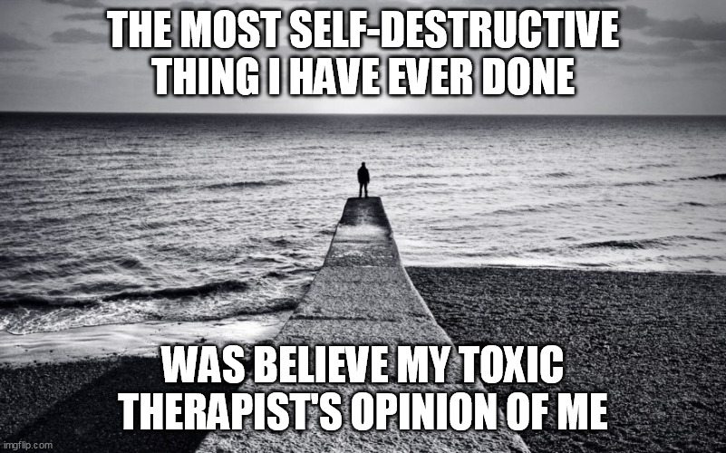Therapists Are Toxic | THE MOST SELF-DESTRUCTIVE THING I HAVE EVER DONE; WAS BELIEVE MY TOXIC THERAPIST'S OPINION OF ME | image tagged in julia,branch,toxic,therapist | made w/ Imgflip meme maker