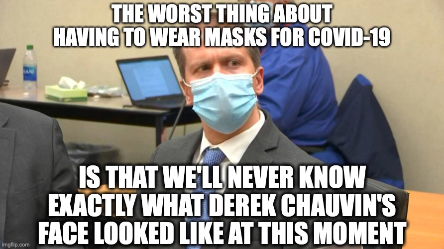 The Eyes are the Groin of the Head | THE WORST THING ABOUT HAVING TO WEAR MASKS FOR COVID-19; IS THAT WE'LL NEVER KNOW EXACTLY WHAT DEREK CHAUVIN'S FACE LOOKED LIKE AT THIS MOMENT; https://www.youtube.com/watch?v=7sFlOLpgl8E | image tagged in memes,police brutality,scumbag american police officer,george floyd,facial expressions,be like | made w/ Imgflip meme maker